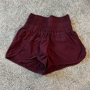 High-Rise Burgundy Women’s Athletic Shorts with Smocked Waistband